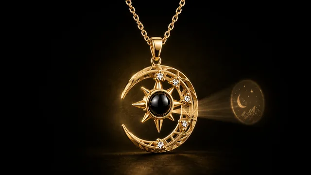 AuraLens necklace projecting a hidden photo from the center lens