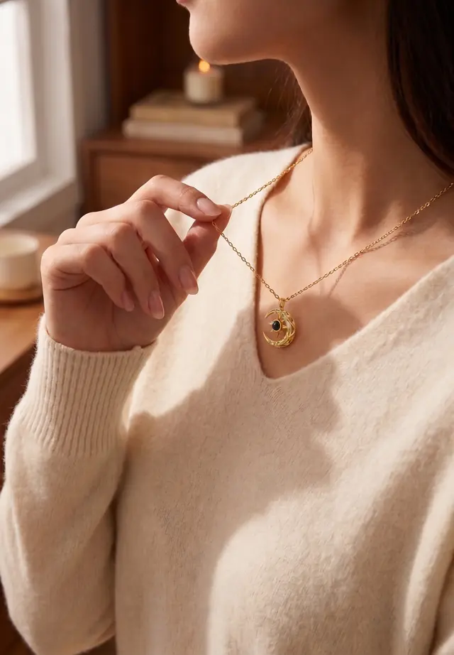 AuraLens necklace worn with a cream sweater