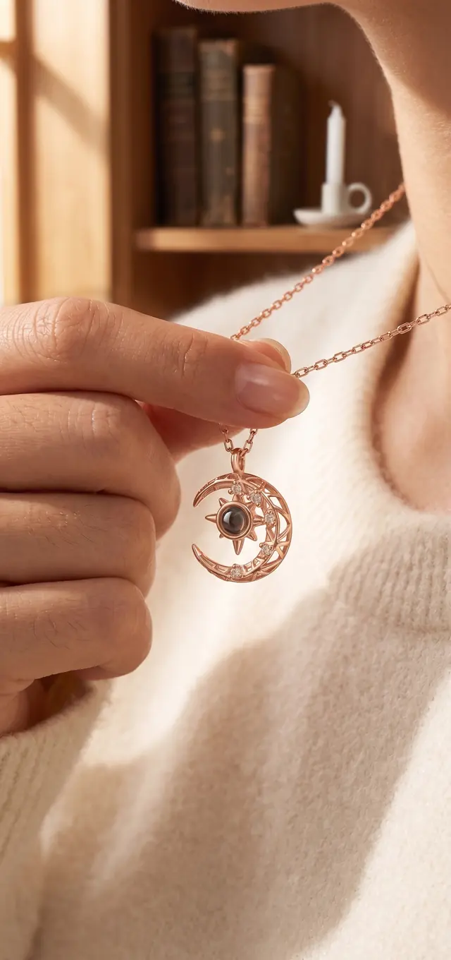 Elegance Rose Gold AuraLens necklace held close